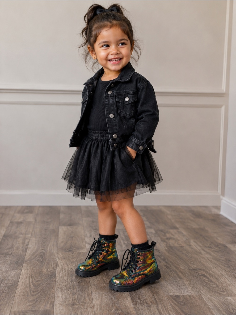 • Lola and the Boys • Girls Sparkly Sequin Combat Boots Black and Gold 8